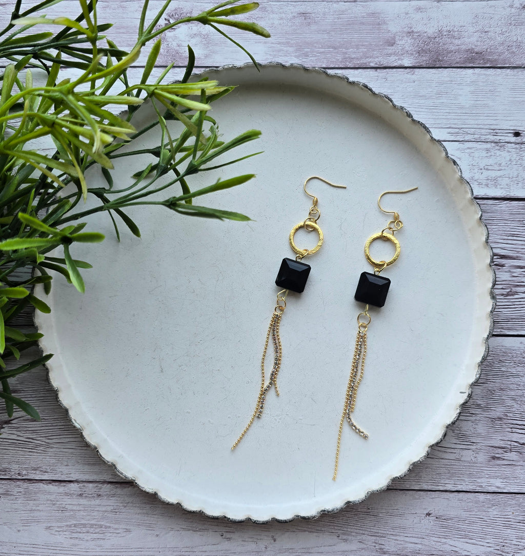Black Glass Tassel Earrings